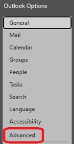 Screenshot of Advanced options location in Outlook