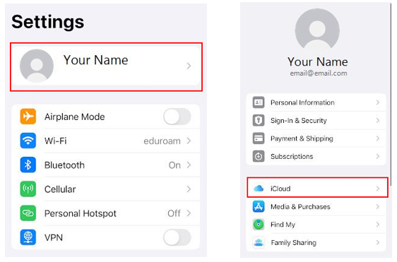 Image of iPhone Settings highlighting location of [Your Name] setting and iCloud setting 