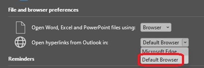Screenshot of Default Browser drop-down menu in Outlook