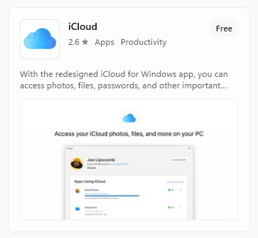 Screenshot of iCloud for Windows listing in the Microsoft Store