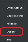 Screenshot of location of Options menu in Outlook
