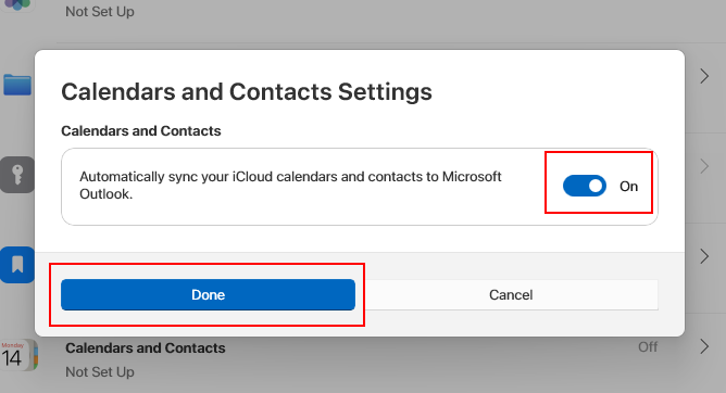 Screenshot of toggle to sync contacts and calendar from iCloud to Outlook