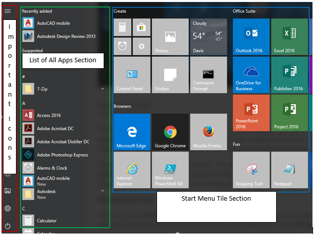 Start menu with sections.