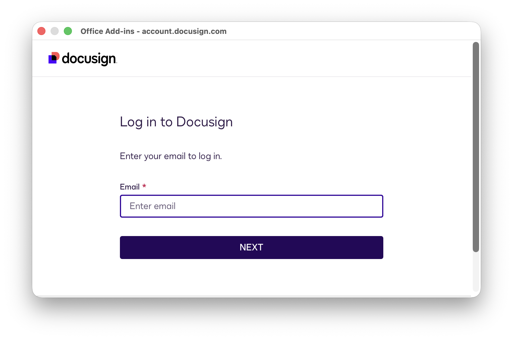 Docusign login screen showing email field, logo, and purple NEXT button