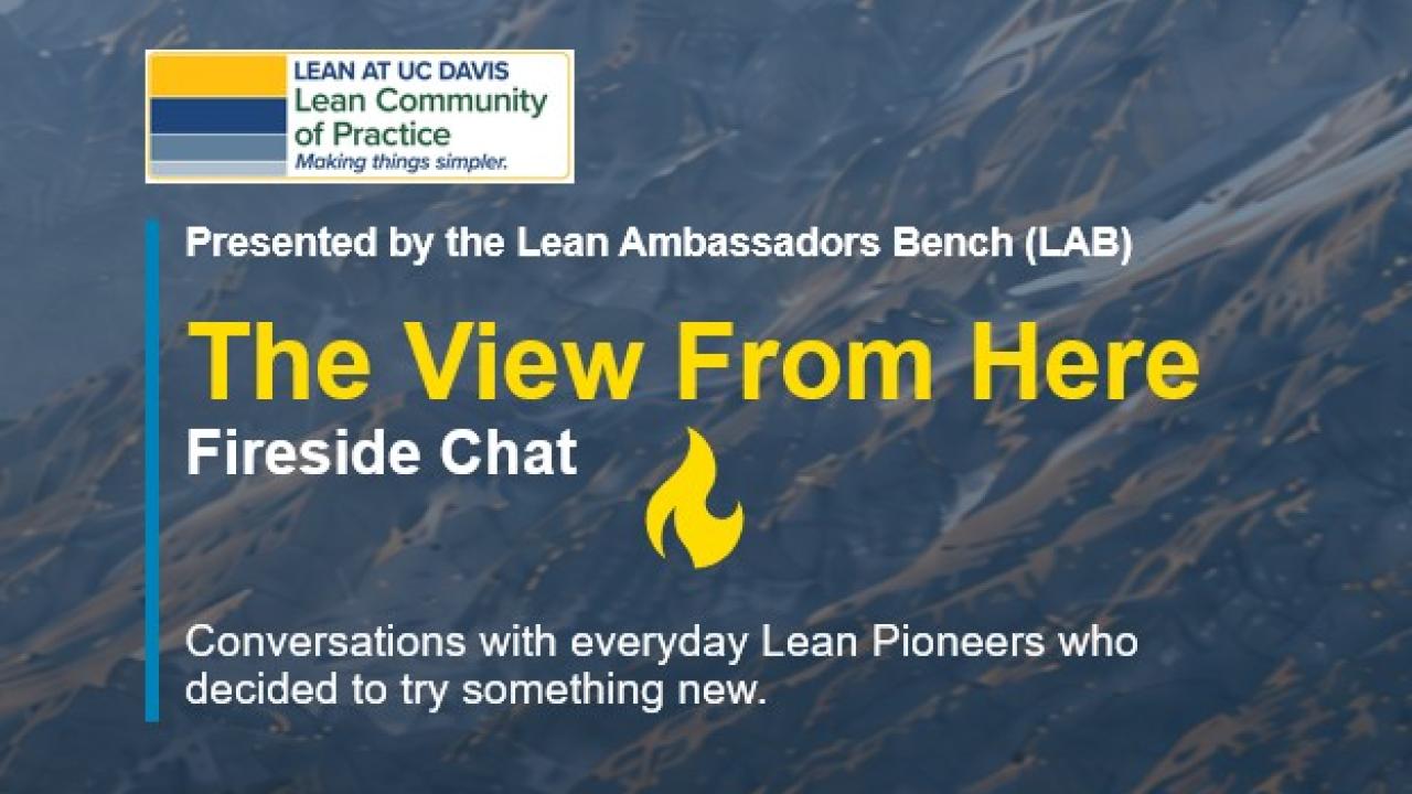 Slide graphic: "The View From Here" fireside chat title, yellow checkmark on blue-gray mountain background