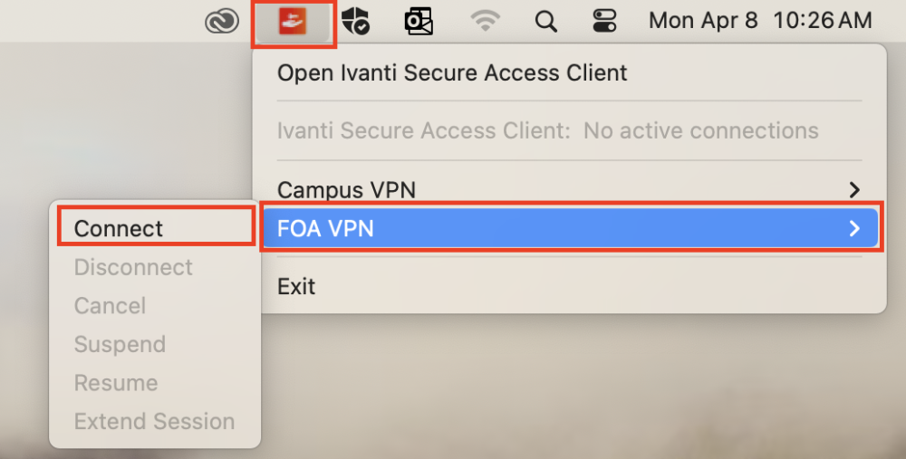 FOA VPN for Mac in Ivanti highlighted in red
