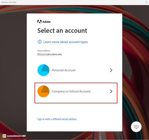 Adobe Acrobat Select Company or School Account selection highlighted by red box