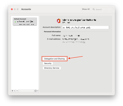 Mac Outlook Accounts window with red square highlighting Delegation and Sharing button