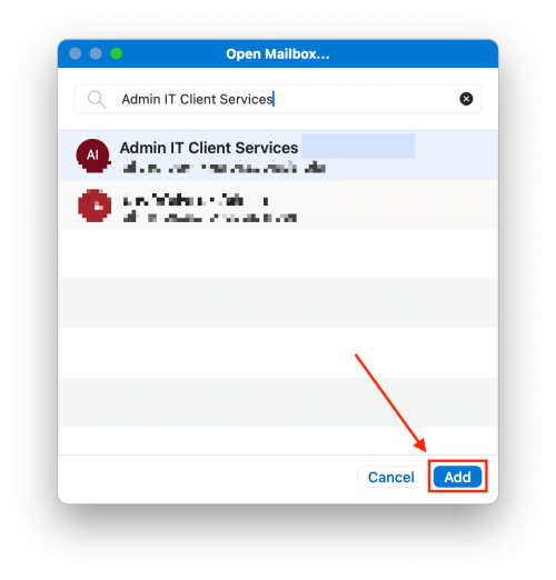 Open Mailbox Window listing AdminIT Client Services in the search bar