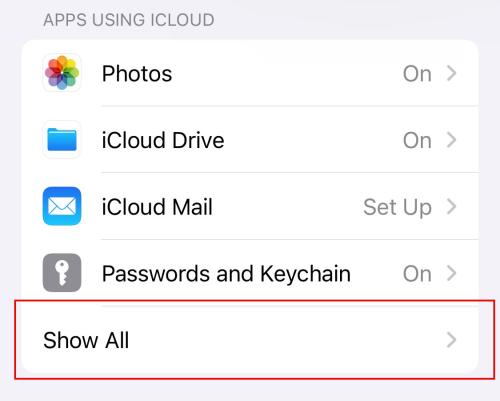 Screenshot of Apps Using iCloud section in iPhone settings, highlighting the Show All button
