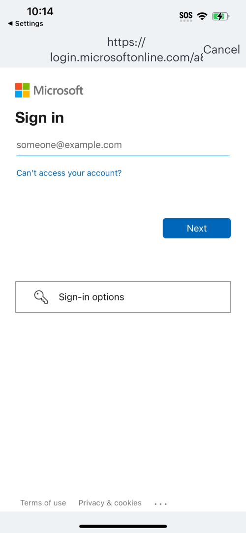 iOS Microsoft Login page