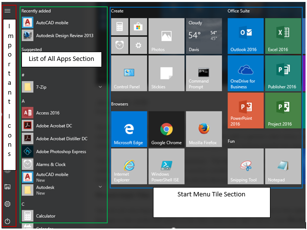 Start menu with sections