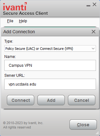 Screenshot of Ivanti Desktop app with the Name and Server URL populated