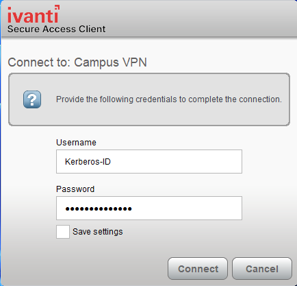 Screenshot of Ivanti Campus VPN to enter credentials
