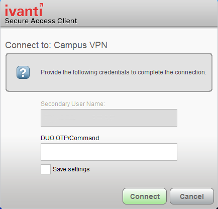 Screenshot of campus VPN secondary password