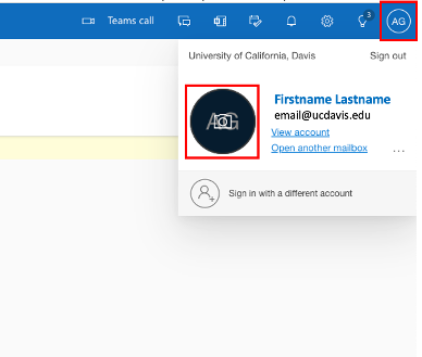 Screengrab of the top right corner of the Outlook mail screen with red squares highlighting areas to click