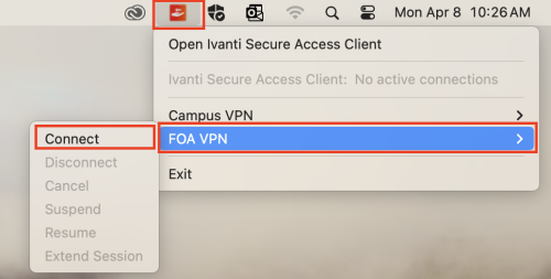 Mac OS dropdown for Ivanti Secure Access Client highlighting FOA VPN