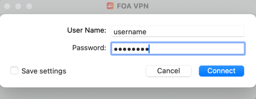 Mac OS FOA VPN credentials window