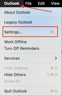 Outlook Menu in MacOS with red square highlighting the Settings option